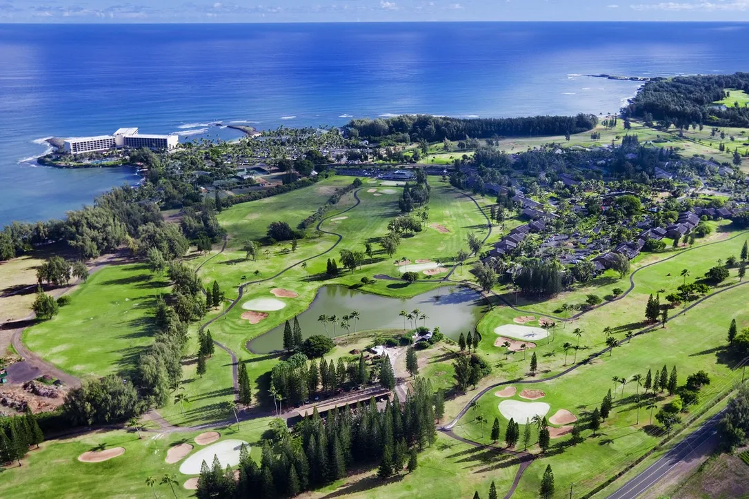 Aerial view of Turtle Bay Resort golf course and North Shore Oahu coastline